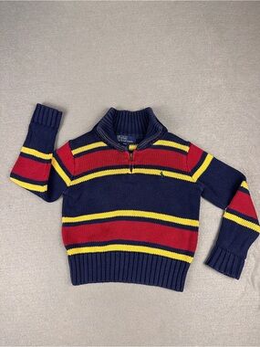 Polo by Ralph Lauren Navy Red Yellow Striped Half-Zip Sweater